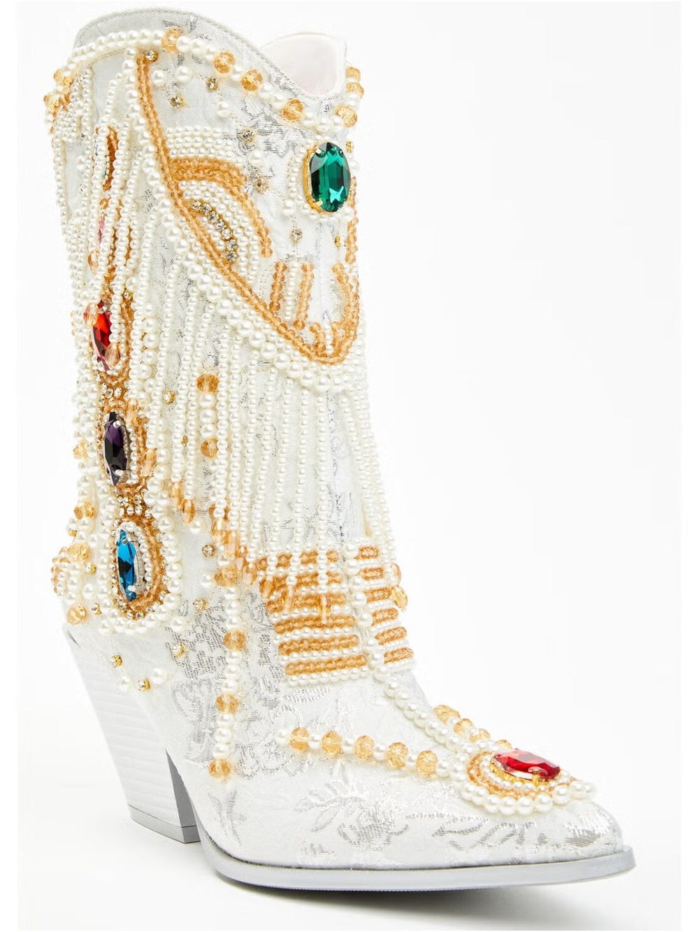 Embellished White Pearl Fringe Western Boot